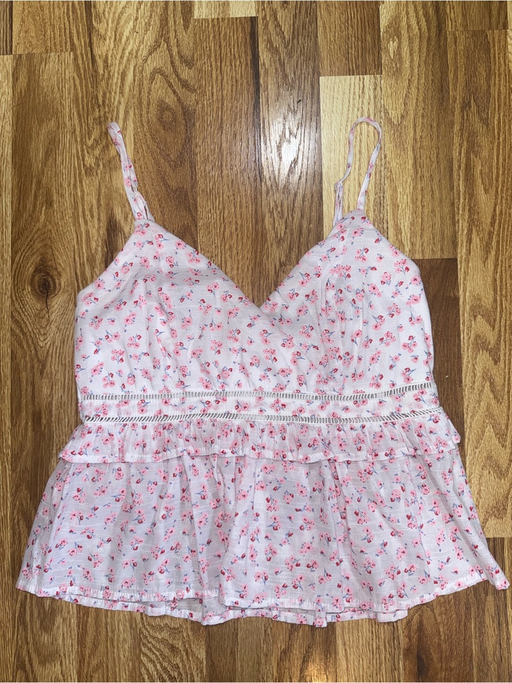 mi ami Floral Ruffle Camisole Cami Adjustable Straps Women’s M White Pink